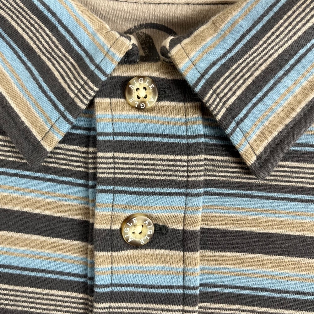 Aigle Long Sleeve Polo Mens XXL Blue Striped New Organic Cotton Pocket Shirt - Picture 11 of 12